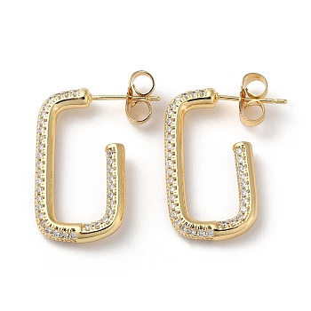 Rectangle Brass Cubic Zirconia Stud Earrings, Half Hoop Earrings, Long-Lasting Plated, Lead Free & Cadmium Free, Real 18K Gold Plated, 25x14x3mm
