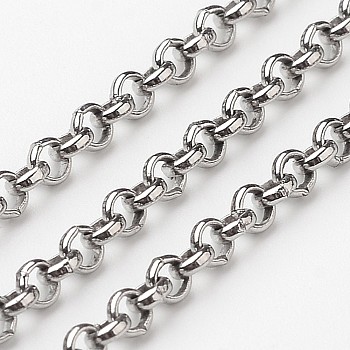 304 Stainless Steel Rolo Chains, Belcher Chain, with Spool, Unwelded, Stainless Steel Color, 3x1.2mm, about 32.8 Feet(10m)/roll