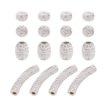 Cheriswelry Handmade Polymer Clay Rhinestone Beads, Large Hole Barrel Beads, with Platinum Tone Brass Single Cores, Mixed Shapes, Crystal, 100pcs/box