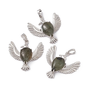 Natural Labradorite Pendants, Bird Charms, with Platinum Tone Brass Findings, Cadmium Free & Nickel Free & Lead Free, 36~37x37.5~38.5x9~9.5mm, Hole: 7.5x5mm