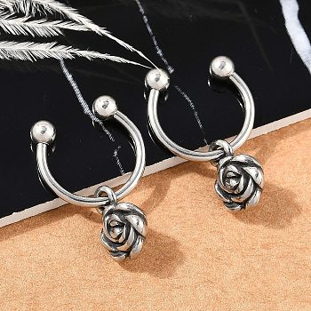 Rose Flower 316 Surgical Stainless Steel Dangle Half Hoop Earrings for Women, Antique Silver, 20x7mm