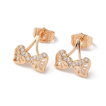 Brass Rhinestone Stud Earrings, Leaf, Light Gold, 12x13mm