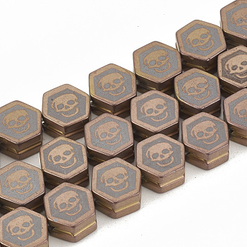 Electroplate Non-magnetic Synthetic Hematite Beads Strands, Matte Style, Hexagon with Skull, Copper Plated, 10x9.5x5mm, Hole: 1.5mm, about 40pcs/strand, 15.7 inch