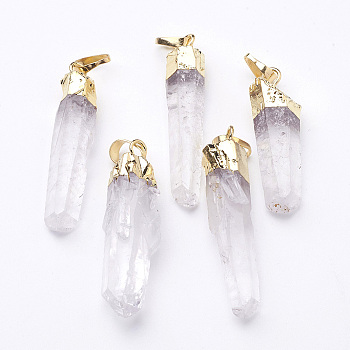 Natural Quartz Crystal Pointed Pendants, Rock Crystal Pendants, with Golden Plated Brass Bails, Nugget, 30~75x5~15mm, Hole: 8x5mm