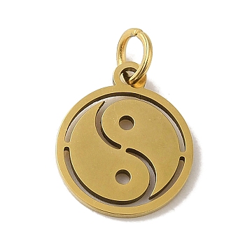 Vacuum Plating 201 Stainless Steel Charms, with Jump Rings, Laser Cut, Flat Round with Yin Yang Charm, Real 18K Gold Plated, 14x12x1mm, Hole: 3mm