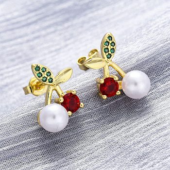 Cherry Brass Micro Pave Cubic Zirconia Stud Earrings, with ABS Plastic Pearl, Long-Lasting Plated, Lead Free & Cadmium Free, Real 18K Gold Plated, 14x11.5mm