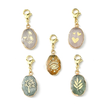 Natural Gemstone Pendant Decorations, with 304 Stainless Steel Lobster Claw Clasps, Oval Charms with Golden Brass Edge, 35x12.5x3.5mm