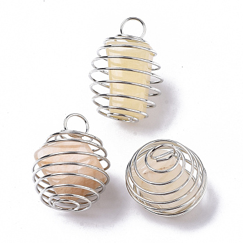 Iron Wrap-around Spiral Bead Cage Pendants, with Natural Yellow Aventurine Beads inside, Round, Platinum, 21x24~26mm, Hole: 5mm