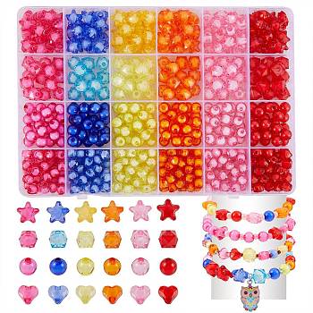 DIY Acrylic Beads Bracelets Making, Including Round & Star & Cube & Heart Transparent Acrylic Beads, Elastic Thread, Mixed Color, Beads: 630Pcs