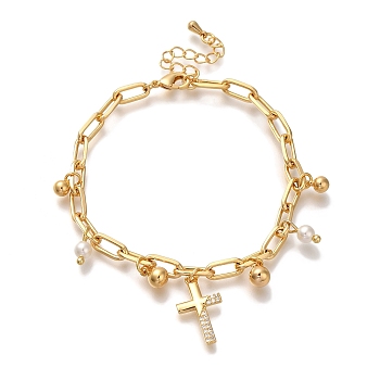 Cross Brass Micro Pave Clear Cubic Zirconia Cable Chain Bracelets For Women, with ABS Imitation Pearl, Real 18K Gold Plated, 6-7/8x1/8 inch(17.6x0.45cm)