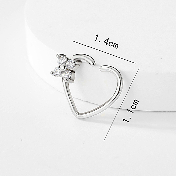 Fashionable Brass Clear Cubic Zirconia Heart-shaped Nose Ring for Women Daily Wear, Silver, 11x14mm