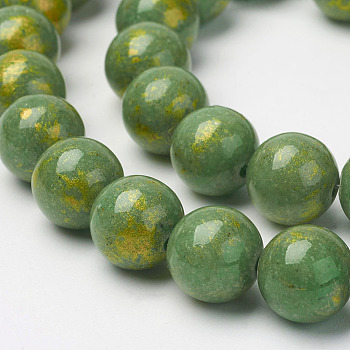 Natural Mashan Jade Beads Strands, with Gold Powder, Dyed, Round, Green, 8mm, Hole: 1mm, about 48pcs/strand, 16 inch
