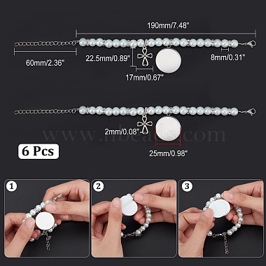 chgcraft 6 pcs 304 bracelets à breloques avec étiquette vierge par sublimation ronde et plate en acier inoxydable avec perles de verre(BJEW-CA0001-06)-2