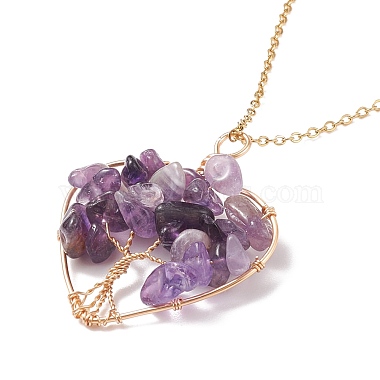 Natural Gemstone Chips Heart with Tree of Life Pendant Necklace(NJEW-JN03906)-5