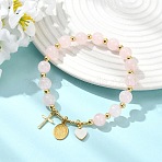 Natural Rose Quartz Round Beads Stretch Bracelets, 304 Stainless Steel & Natural Shell Charm Bracelets for Women, Oval with Virgin Mary & Cross & Heart, Golden, Inner Diameter: 2.32 inch(5.9cm)(BJEW-JB14147-01)