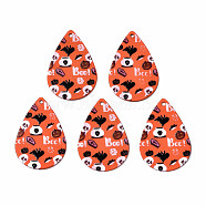 Spray Painted Iron Pendants, Rubberized Style, 3D Printed,  Halloween Theme Print Pattern, Teardrop, Orange Red, 27.5x18x0.5mm, Hole: 1.2mm(IFIN-T016-83)