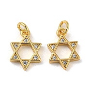 Rack Plating Brass Micro Pave Cubic Zirconia Pendants, with Jump Ring, Cadmium Free & Lead Free, Long-Lasting Plated, Star of David, Real 18K Gold Plated, 12.5x9x2mm, Hole: 2.4mm(KK-A200-17G)