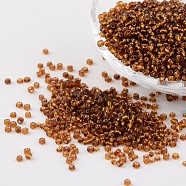 12/0 Glass Seed Beads, Silver Lined Round Hole, Round, Dark Goldenrod, 2mm, Hole: 1mm, about 3306pcs/50g(X-SEED-A005-2mm-22C)