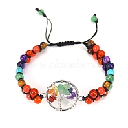 Alloy Tree of Life Link Bracelet, Natural & Synthetic Mixed Stone Beads Chakra Theme Adjustable Bracelet, 8-5/8 inch(22cm)(PW-WG34951-01)