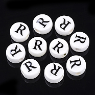 Handmade Porcelain Beads, Horizontal Hole, Flat Round with Letter, White, Letter.R, 8~8.5x4.5mm, Hole: 2mm(PORC-Q259-01R)