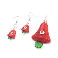 (Jewelry Parties Factory Sale)Handmade Lampwork Jewelry Sets, Pendants and Dangle Earrings, with Brass Earring Hooks, Christmas Bell, Platinum, Red, Pendants: 62.5x34x10mm, Hole: 8.5mm, Earrings: 50mm, Pin: 0.5mm(SJEW-F215-03-P)