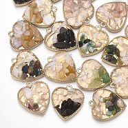 Natural Gemstone Chips Pendants, with Alloy Findings, Heart, Light Gold, Mixed Color, 22x20x4.5~8mm, Hole: 1.8mm(PALLOY-T056-91)