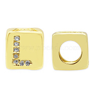 Brass Micro Pave Clear Cubic Zirconia European Beads, Cube with Letter, Letter.L, 8.5x8.5x8.5mm, Hole: 5mm, 3pcs/bag(KK-T030-LA842-LX3)