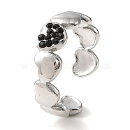 304 Stainless Steel Open Cuff Ring for Women, with Rhinestone, Heart, Stainless Steel Color, Adjustable(RJEW-F166-08P-02)