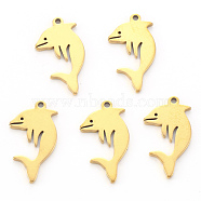 Vacuum Plating 304 Stainless Steel Pendants, Laser Cut, Dolphin, Golden, 18x10x1mm, Hole: 1.2mm(STAS-N092-25G)