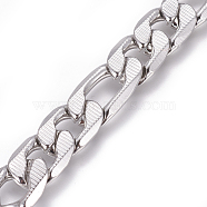 304 Stainless Steel Figaro Chains, Unwelded, Textured, Stainless Steel Color, 11.5mm, Links: 17x11.5x3mm(CHS-L020-044A-P)