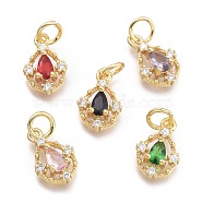 Brass Micro Pave Cubic Zirconia Pendants, with Jump Ring, Teardrop, Real 18K Gold Plated, Mixed Color, 12.5x8.5x3.5mm, Jump Rings: 5x0.8mm, Inner Diameter: 3mm(KK-P187-13-G)