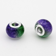 Large Hole Glass European Beads, with Silver Color Plated Brass Cores, Rondelle, Lime Green, 14x10mm, Hole: 5mm(GPDL-J009-05)