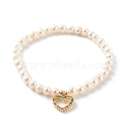 Brass Micro Pave Cubic Zirconia Stretch Charm Bracelets, with Round Natural Pearl Beads, Heart, White, Real 18K Gold Plated, Inner Diameter: 2-1/8 inch(5.3cm)(BJEW-JB06261-07)