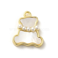 Oval/Bear Brass Pave Natural White Shell Pendants, with Plastic Pearl, Real 14K Gold Plated, Bear, 15.5x13x2mm, Hole: 1.6mm(KK-D095-04B-G)
