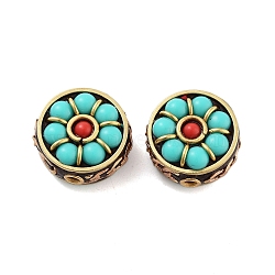 Handmade Indonesia Beads, with Brass and Resin, Flat Round, Cyan, 20x19x12mm, Hole: 1.7mm(FIND-Q106-65)