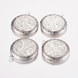 316 Stainless Steel Locket Pendants, Photo Frame Charms for Necklaces, Flat Round with Flower, Stainless Steel Color, 30x28x5mm, Hole: 2mm(STAS-G168-20P)