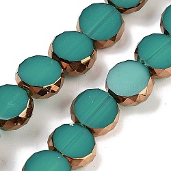 Imitation Jade Glass Beads Strands, Flat Rounnd, Faceted, Light Sea Green, 9.5~10x3.5~4mm, Hole: 1.4mm, about 40pcs/strand, 14.09~14.49''(35.8~36.8cm)(GLAA-H032-02-05)