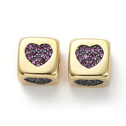 Brass Micro Pave Medium Violet Red Cubic Zirconia Beads, Cube with Heart, Gunmetal & Golden, 8.5x8.5x8.5mm, Hole: 3.5~4mm(X-KK-I658-72)