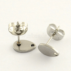 304 Stainless Steel Stud Earring Findings, with Loop and Flat Plate, Teardrop, Stainless Steel Color, 8x5mm, Hole: 1mm, pin: 0.8mm(X-STAS-R063-38)