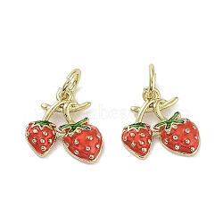 Rack Plating Brass Enamel Charms, with Jump Ring, Long-Lasting Plated, Cadmium Free & Lead Free, Strawberry Charm, Real 18K Gold Plated, Red, 11x11.5x2.5mm, Hole: 3mm(KK-M293-42G)