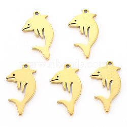 PVD Vacuum Plating 304 Stainless Steel Pendants, Laser Cut, Dolphin, Real 18K Gold Plated, 18x10x1mm, Hole: 1.2mm(STAS-N092-25G)