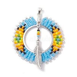 Seed Glass & Alloy Feather Pendant, with Brass Findings, Flat Round, Mixed Color, 45x40x3mm, Hole: 5x3.5mm(PALLOY-MZ00239)