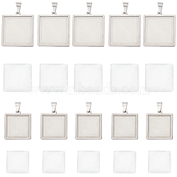 DIY Blank Square Dome Pendant Making Kit, Including 304 Stainless Steel Pendant Settings, Glass Cabochons, Stainless Steel Color, 20Pcs/box(DIY-SC0023-03)