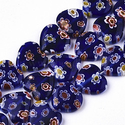 Handmade Millefiori Lampwork Beads Strands, Heart, Blue, 11~12x12x4~5mm, Hole: 1mm, about 32~33pcs/strand, 12.72 inch~13.78 inch(32.3~35cm)(LAMP-N023-001D)