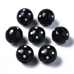 Painted Natural Wood European Beads, Large Hole Beads, Printed, Round with Dot, Black, 16x15mm, Hole: 4mm(WOOD-S057-056F)