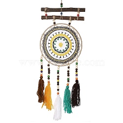 Round Woven Net/Web with Feather Pendant Decoration, Tassel Wall Hanging Decoration, for Home Bedroom Car Ornaments Birthday Gift, Mixed Color, 679~725x200x17~20mm(HJEW-H062-01A-01)