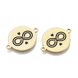 201 Stainless Steel Enamel Links connectors, for Valentine's Day, Flat Round with Heart & Infinite, Black, Golden, 16x21x1mm, Hole: 1.4mm(STAS-S079-145I-G)