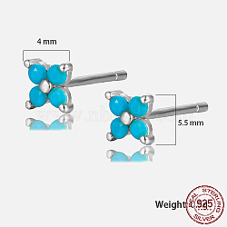 Platinum Rhodium Plated Sterling Silver Flower Stud Earrings, with Cubic Zirconia, with S925 Stamp, Turquoise, 4x4mm(FC2873-10)