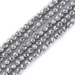 Non-Magnetic Synthetic Hematite Beads Strands, Faceted, Round, Silver Plated, 3mm, Hole: 1mm(G-G093-3mm)