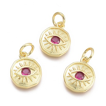 Brass Micro Pave Cubic Zirconia Pendants, with Jump Ring, Flat Round with Eye, Real 18K Gold Plated, Medium Violet Red, 12x10x2mm, Jump Rings: 5x0.8mm, Inner Diameter: 3mm